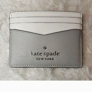 Kate Spade Gray White Saffiano Leather Card Holder Wallet Minimalist